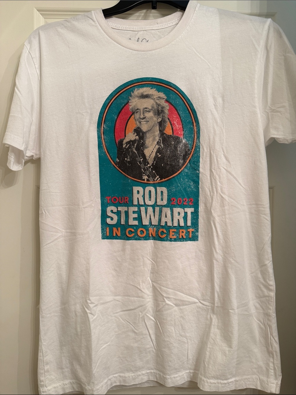 Gildan White Short-Sleeve Rod Stewart Tour Tee with Teal & Orange Print